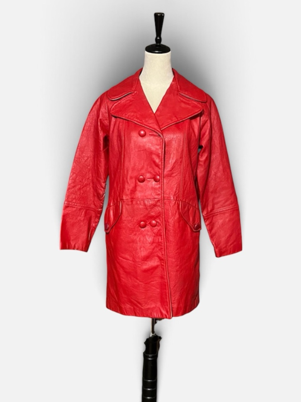 Vintage 1970s Red Leather Double Breasted Trench Coat Mid Length Car Coat Sz 8